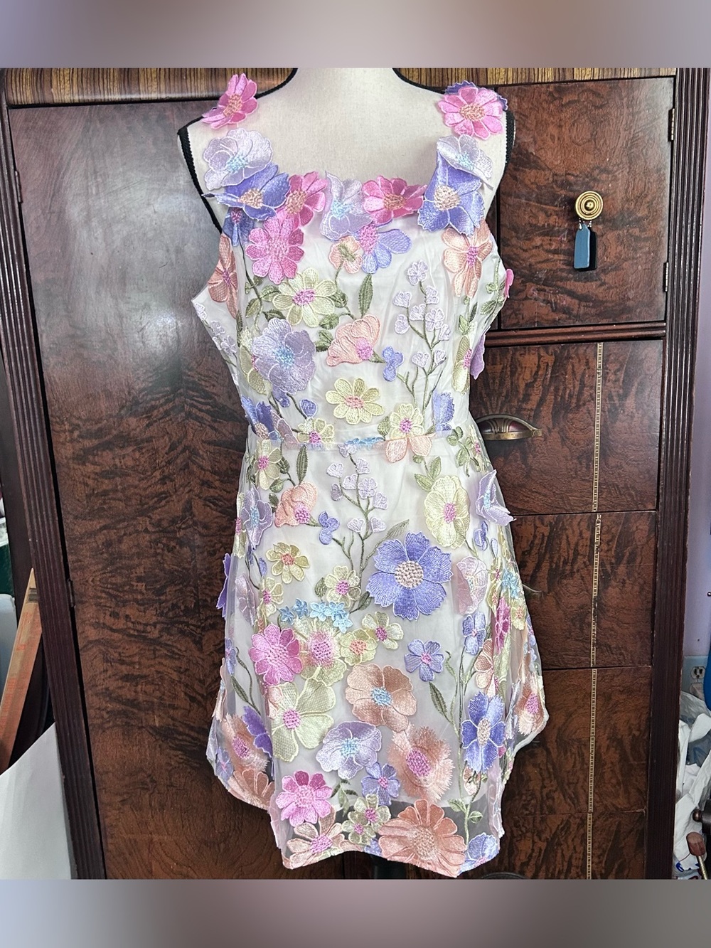 Sundayup L 3D Floral Applique Midi Dress  Whimsical Romantic Garden Party